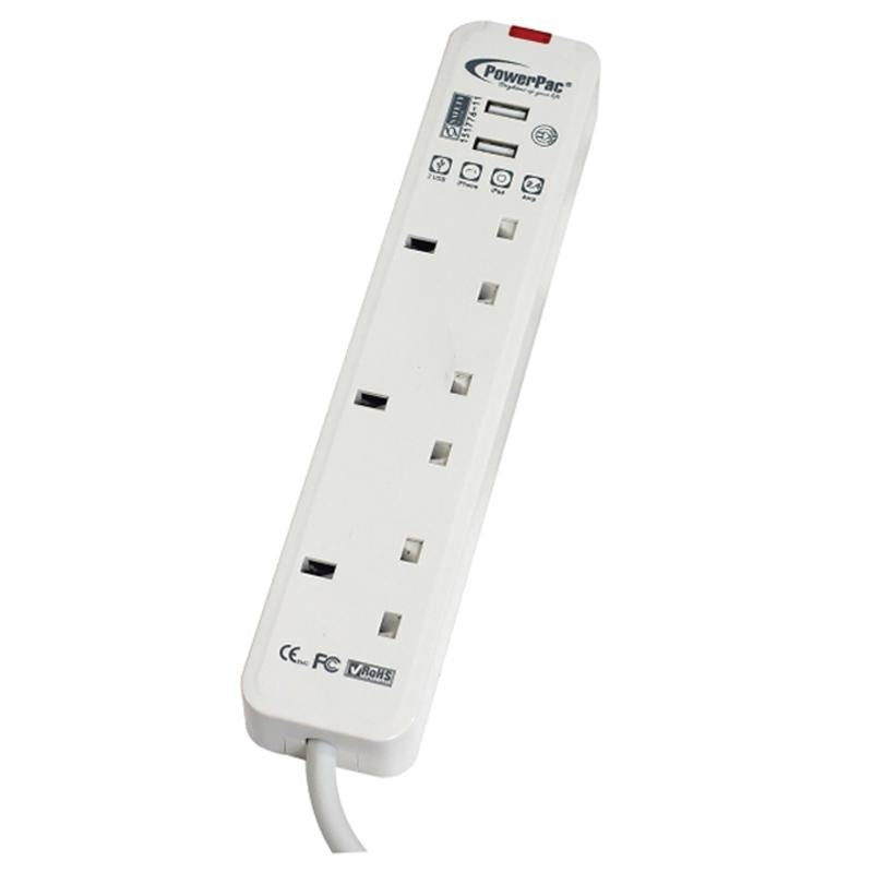 Extension Cord, Extension Socket, Power Cord 2 Metre 3 way with 2X USB Charger (PP163U)