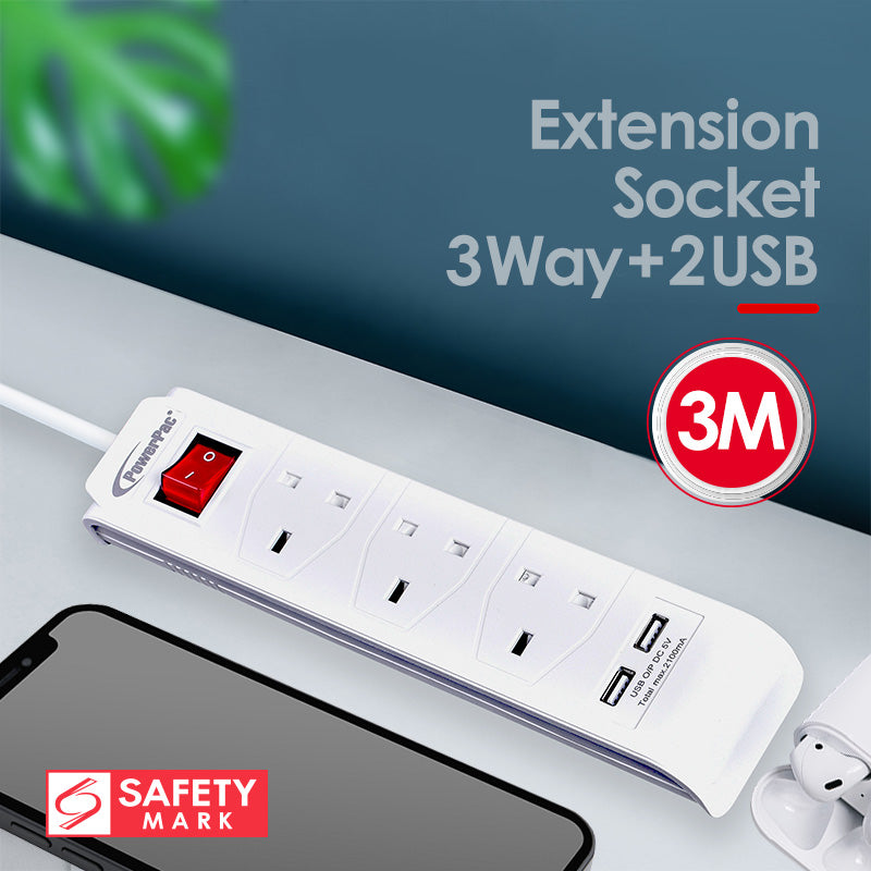 Extension Cord, Extension Socket, Power Cord 3 Metre 3 way with 2x USB charger (PP233U)