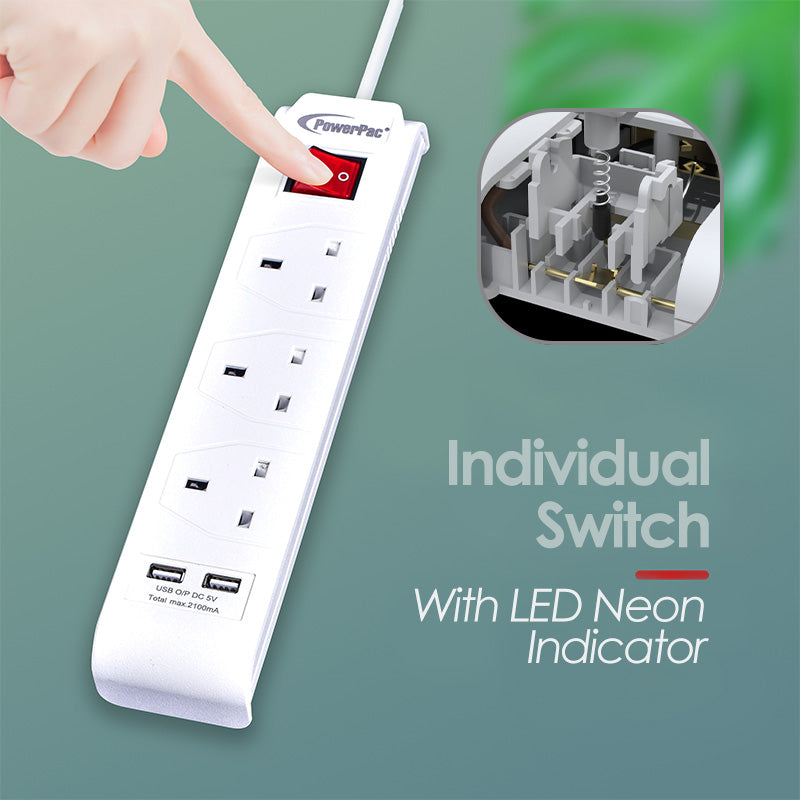 Extension Cord, Extension Socket, Power Cord 3 Metre 3 way with 2x USB charger (PP233U)