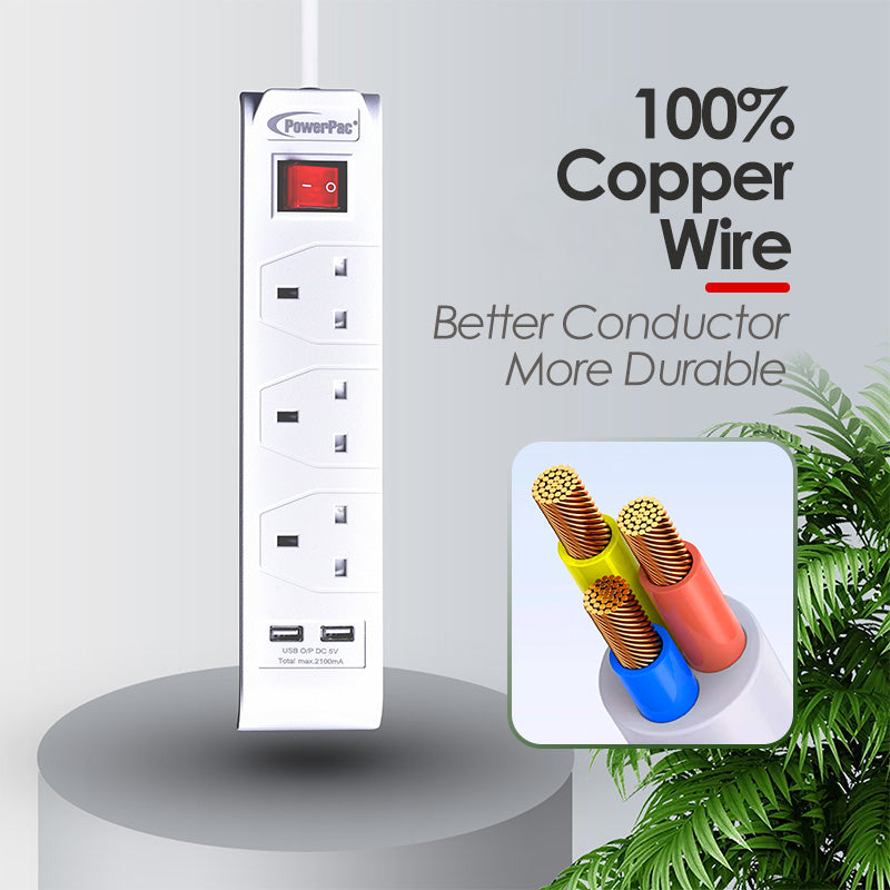 Extension Cord, Extension Socket, Power Cord 3 Metre 3 way with 2x USB charger (PP233U)