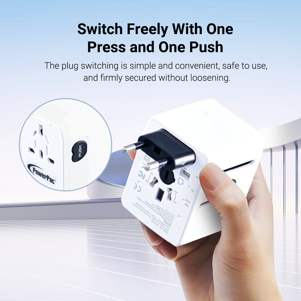 Universal Travel Adapter + USB Smart & Fast Charger – Multi Sockets & Plugs, Neon LED, PP7980
