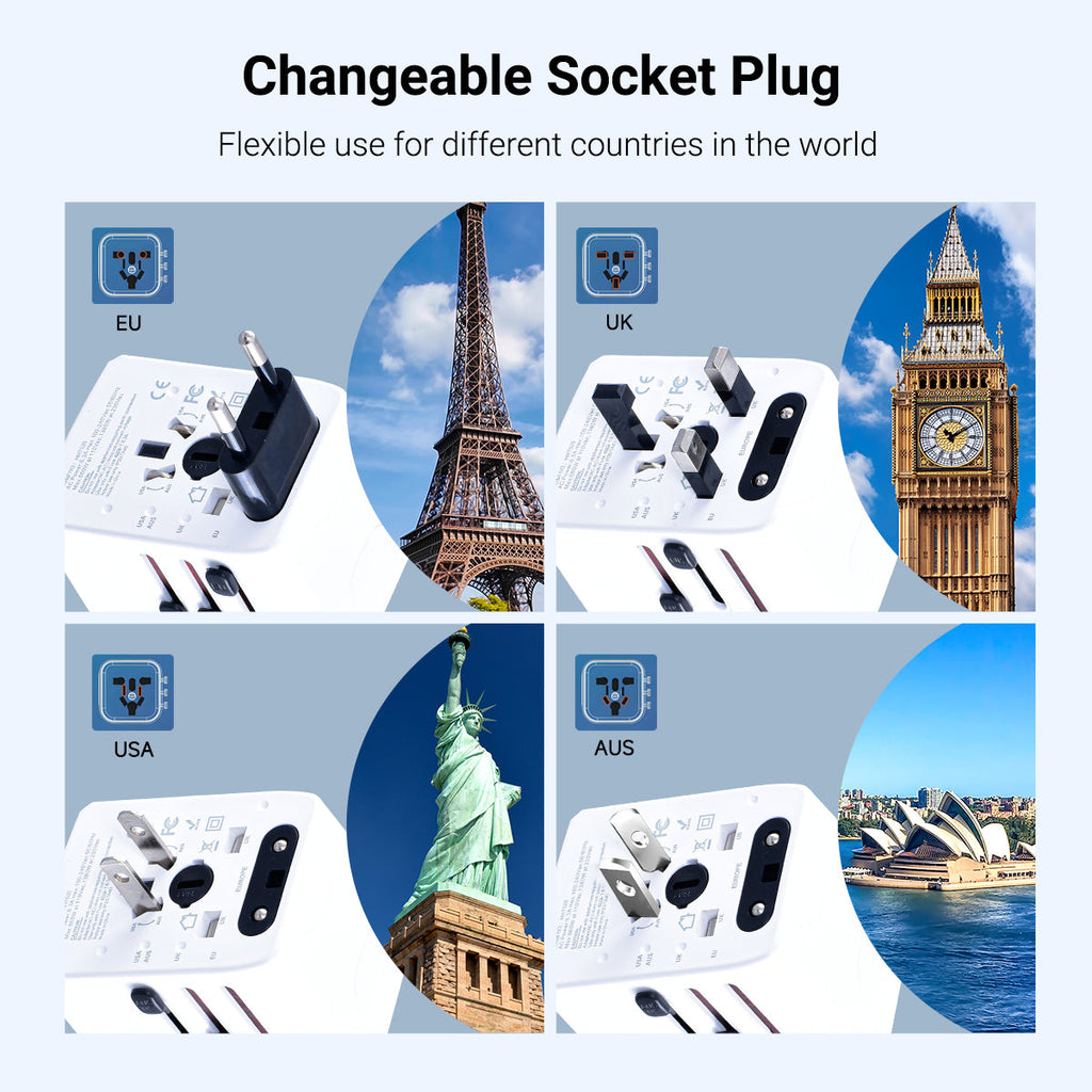 Universal Travel Adapter + USB Smart & Fast Charger – Multi Sockets & Plugs, Neon LED, PP7980