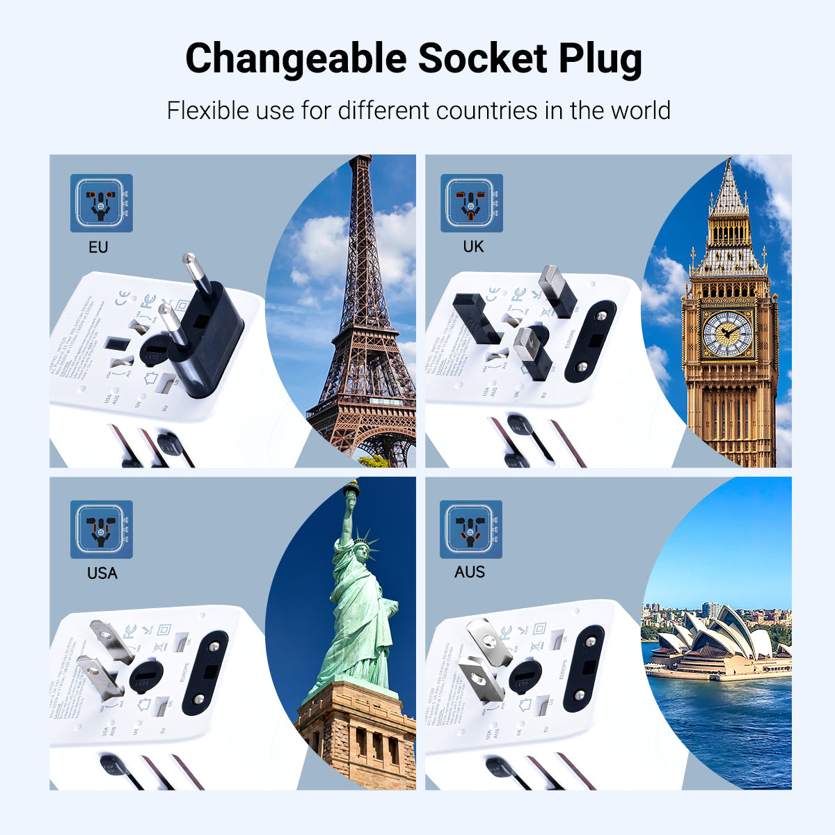 Universal Travel Adapter + USB Smart & Fast Charger – Multi Sockets & Plugs, Neon LED, PP7980