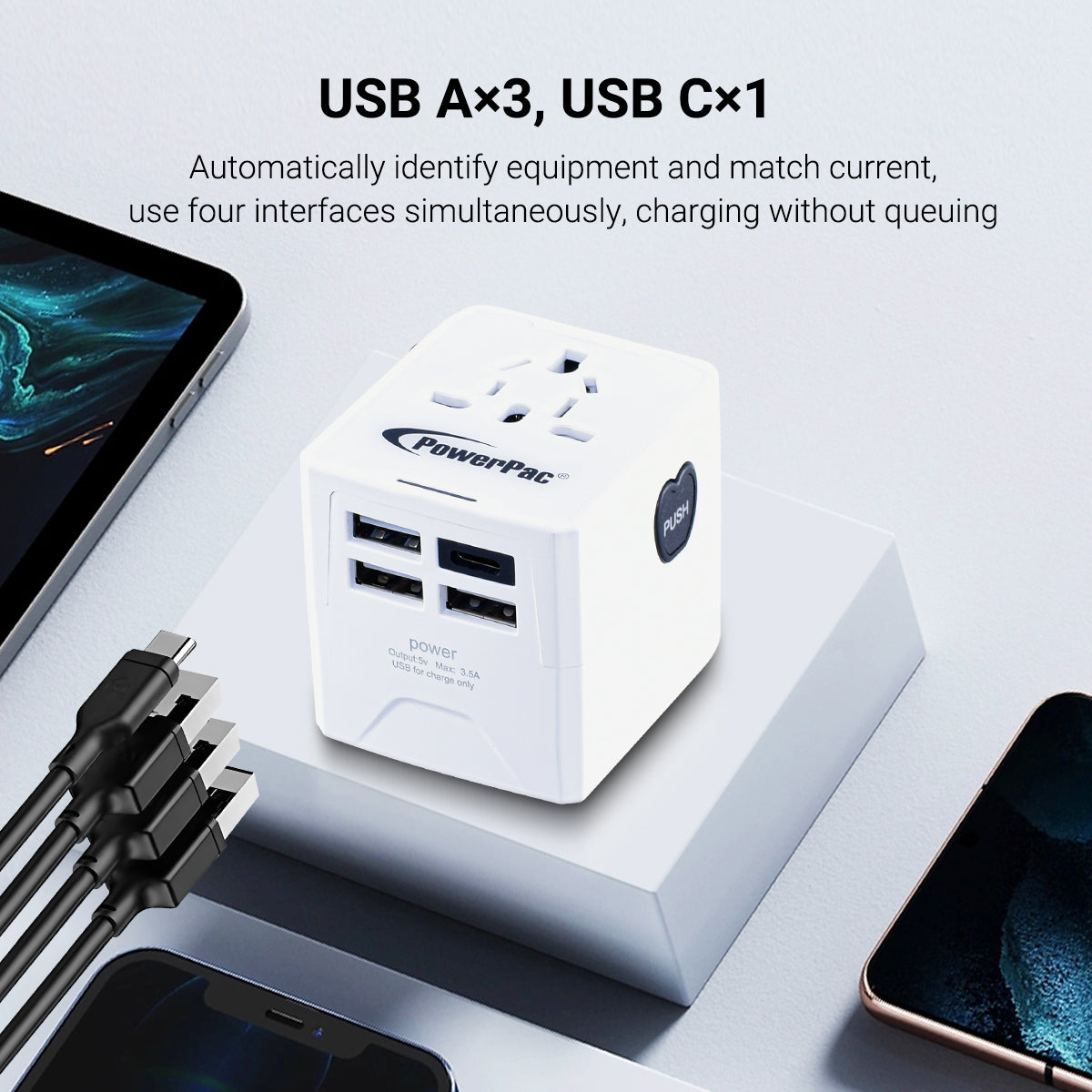Universal Travel Adapter + USB Smart & Fast Charger – Multi Sockets & Plugs, Neon LED, PP7980