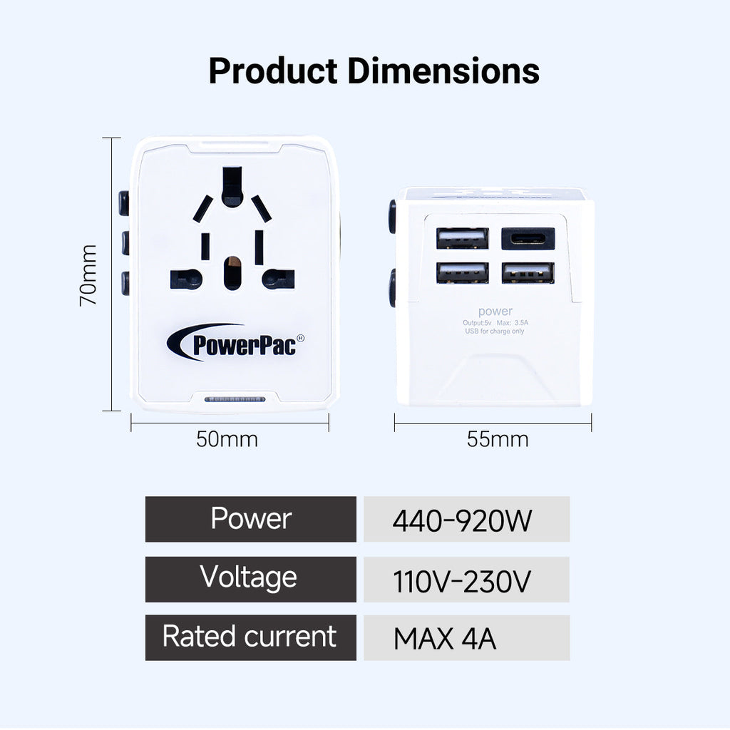 Universal Travel Adapter + USB Smart & Fast Charger – Multi Sockets & Plugs, Neon LED, PP7980