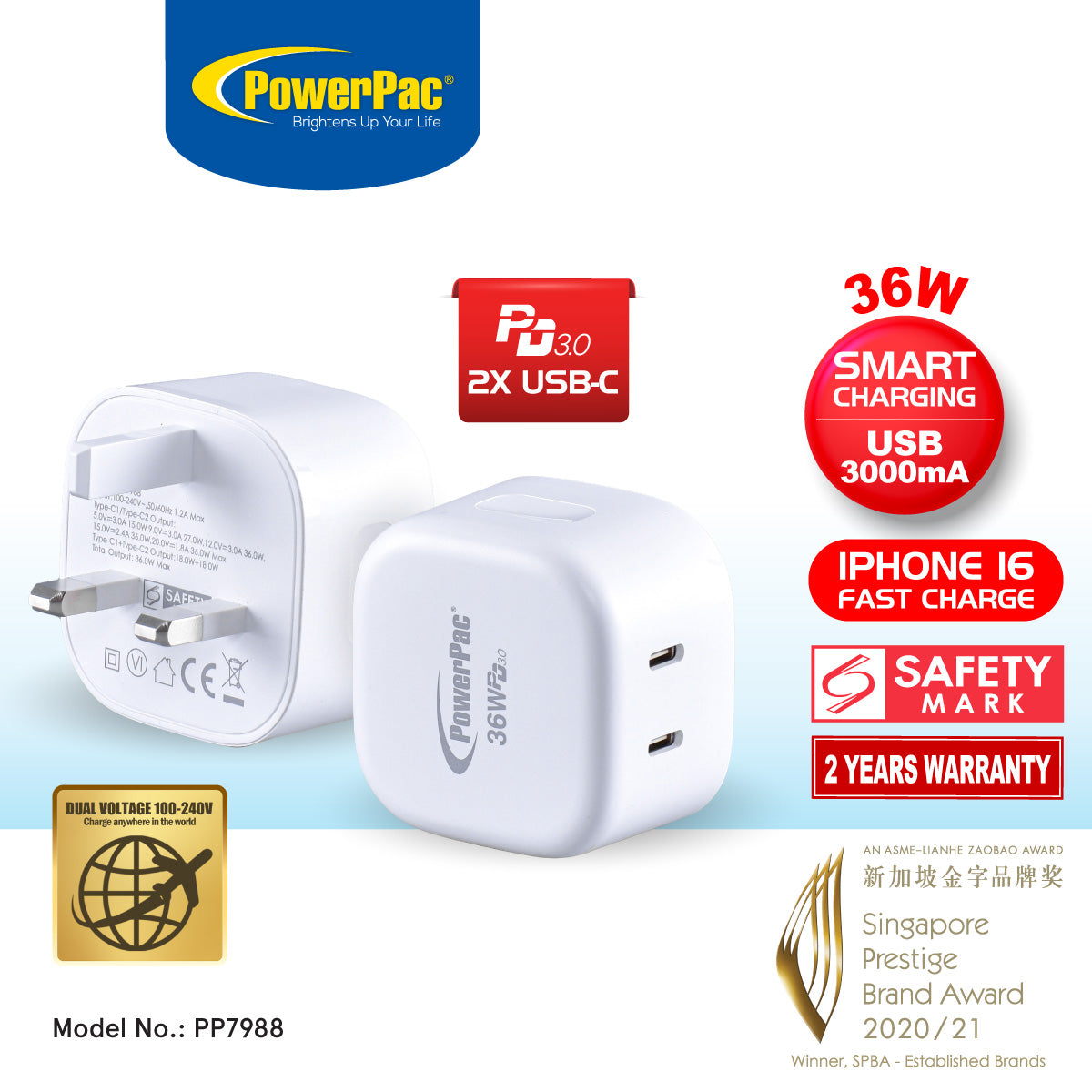 USB Smart & Fast Charger - 2 PD3.0 USB-C, Dual Voltage 100-240 AC, 36W, Surge Protector, PP7988