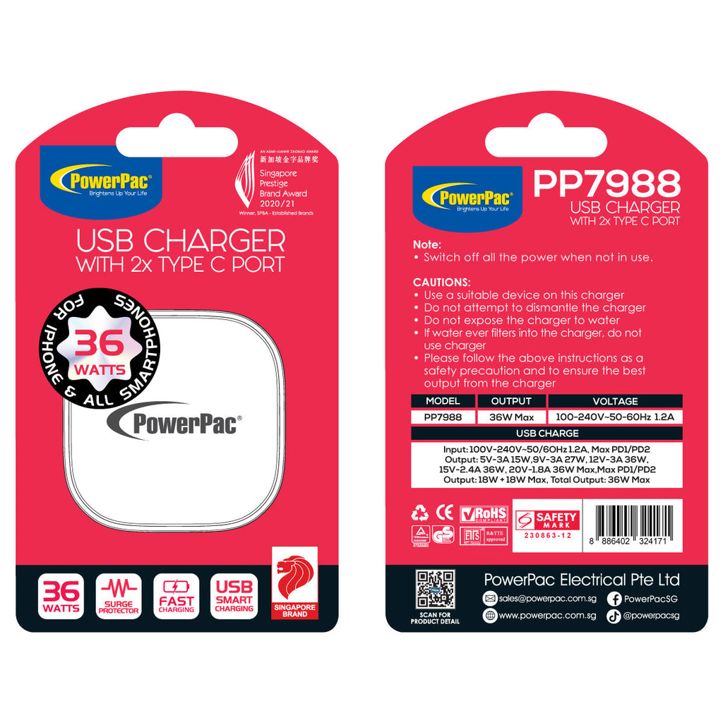 USB Smart & Fast Charger - 2 PD3.0 USB-C, Dual Voltage 100-240 AC, 36W, Surge Protector, PP7988