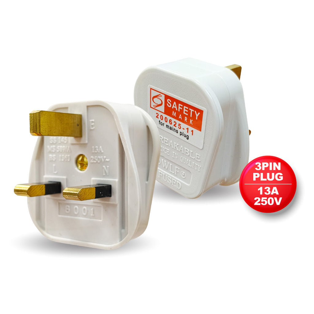 2x 13A 3-Pin Plug – Type G Plug, Fast Blow Fuse, Cable Grip & Wiring Diagram, solid brass pins, normal use, PP8001WH