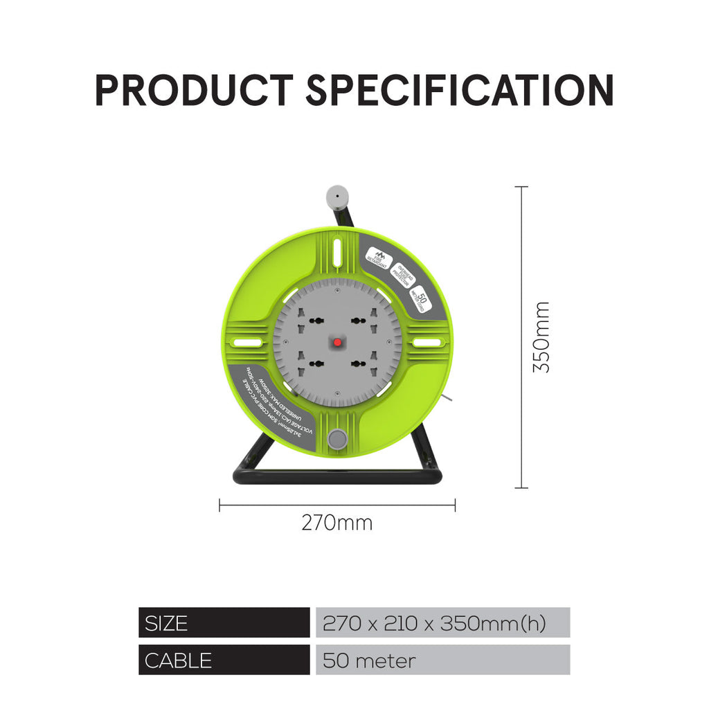 Cable Reel 50M Portable Cable Reel, Extension Socket, Power Reel, Power Cord (PP850)