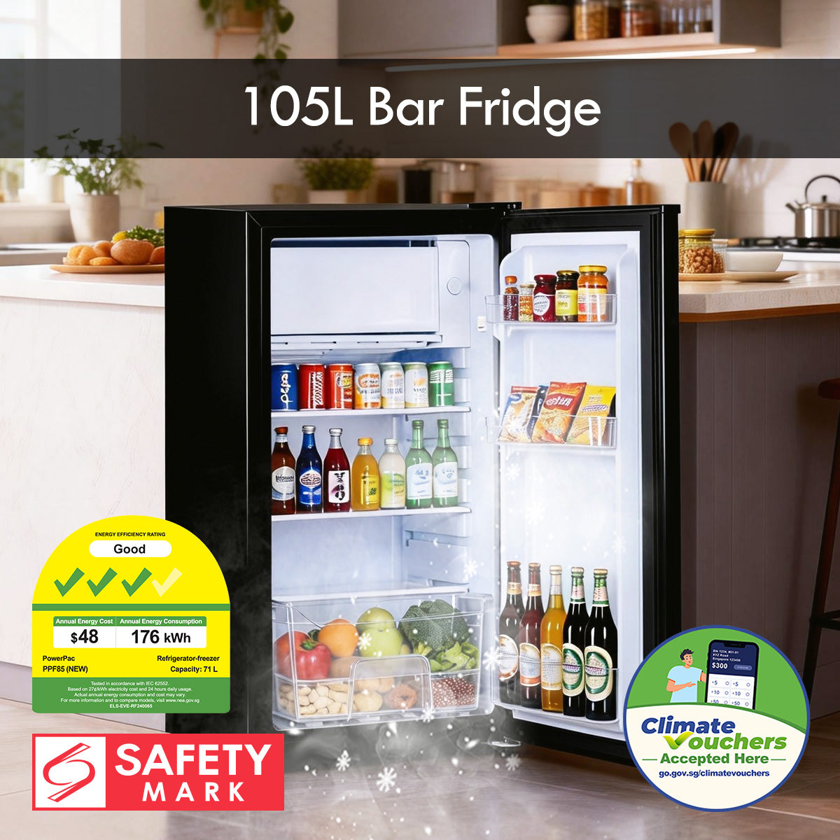 [CLIMATE VOUCHER $400] 105L Bar Fridge with Lock, sizable, shelves, crisper, anti-bac Carbon Filter, optimal door seal, built-in Freezer, black, PPF105BK