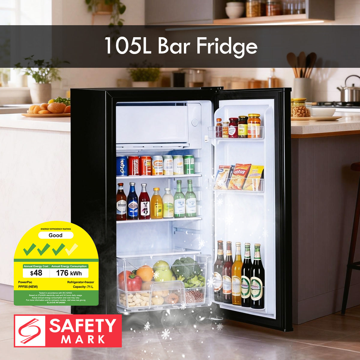 [CLIMATE VOUCHER $400] 105L Bar Fridge with Lock, White , PPF105WH
