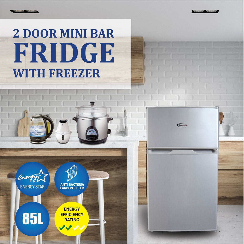 [CLIMATE VOUCHER $400] 71L 2 Door Mini Fridge + Freezer, shelves, crisper, anti-bac Carbon Filter, optimal door seal, Freezer temp < -18°C, silver, PPF85