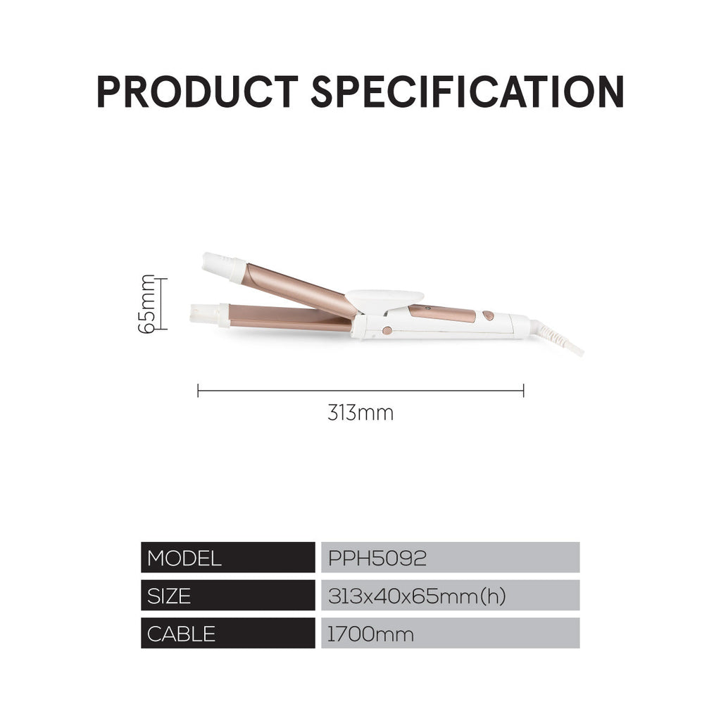 2 IN 1 Electric Hair Curler, Straightener with Quick heat up and neon indicator (PPH5092)