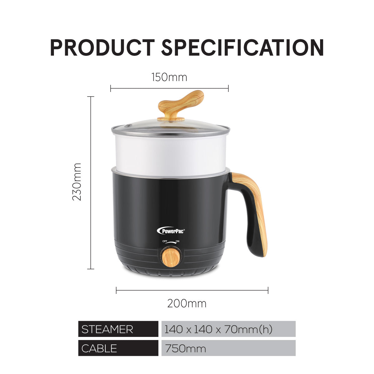 1.2L Stainless Steel Multi Cooker, Steamboat, Steamer (PPJ2012) Black