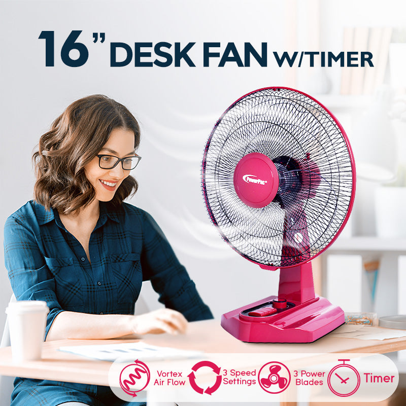 16" Desk Fan – High Velocity, Adjustable Tilt, Oscillation, Timer, Durable, Overheat Protection, 3-Speed, red, PPTF16