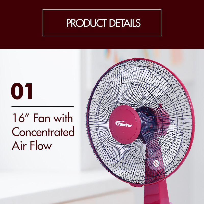 16" Desk Fan – High Velocity, Adjustable Tilt, Oscillation, Timer, Durable, Overheat Protection, 3-Speed, red, PPTF16
