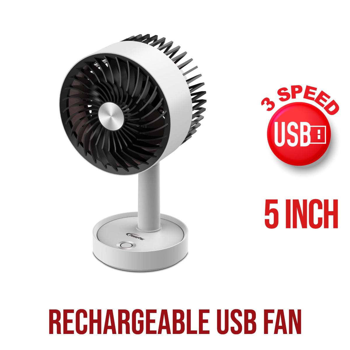 5" Table Fan – USB, Rechargeable, Portable Wireless, Adjustable Tilt, LED lights, Sturdy, 3-Speed, white, PPUF230