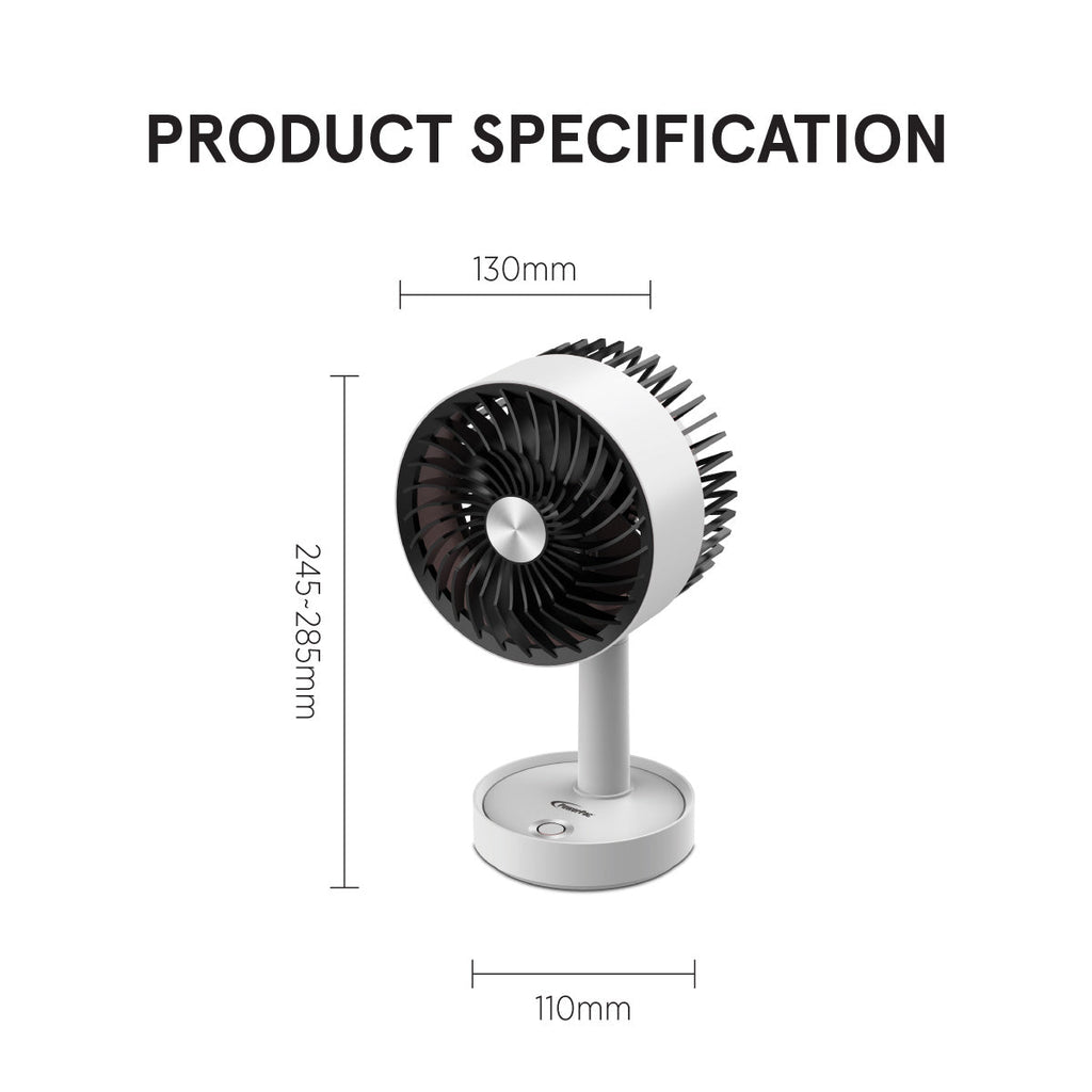 5" Table Fan – USB, Rechargeable, Portable Wireless, Adjustable Tilt, LED lights, Sturdy, 3-Speed, white, PPUF230