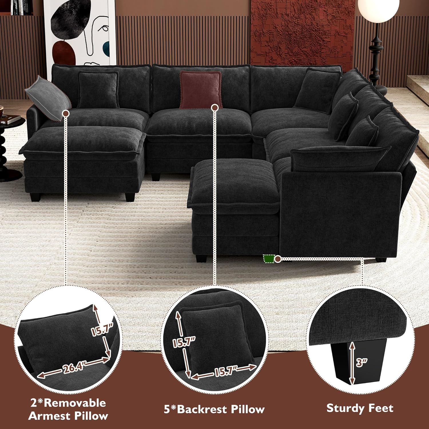 ihanherry 146-inch U-shaped modern sofa modular area cloud sofa