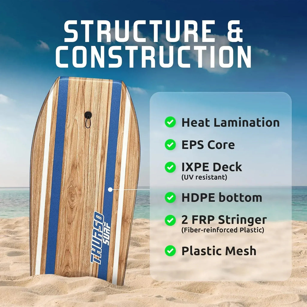 Quill 42'' Bodyboard Lightweight Durable EPS Core IXPE Deck HDPE Slick Bottom FRP Stringer Crescent Tail Dual Channel Plastic Mesh with Double Stainless Steel Swivel Coiled Wrist Leash