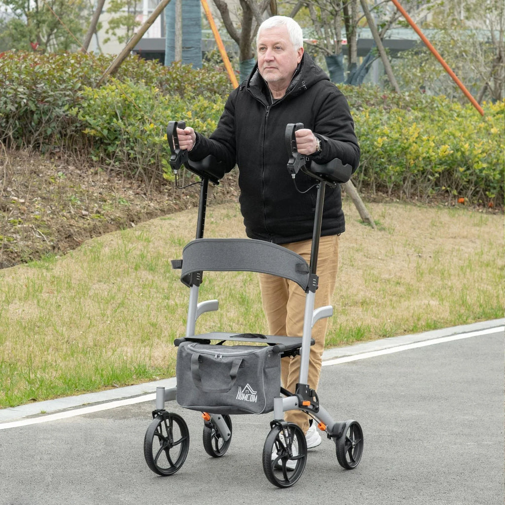 HOMCOM Aluminum Forearm Rollator Walker for Seniors and Adults with 10'' Wheels Seat and Backrest Folding Upright Walker with Adjustable Handle Height and Removable Storage Bag Silver