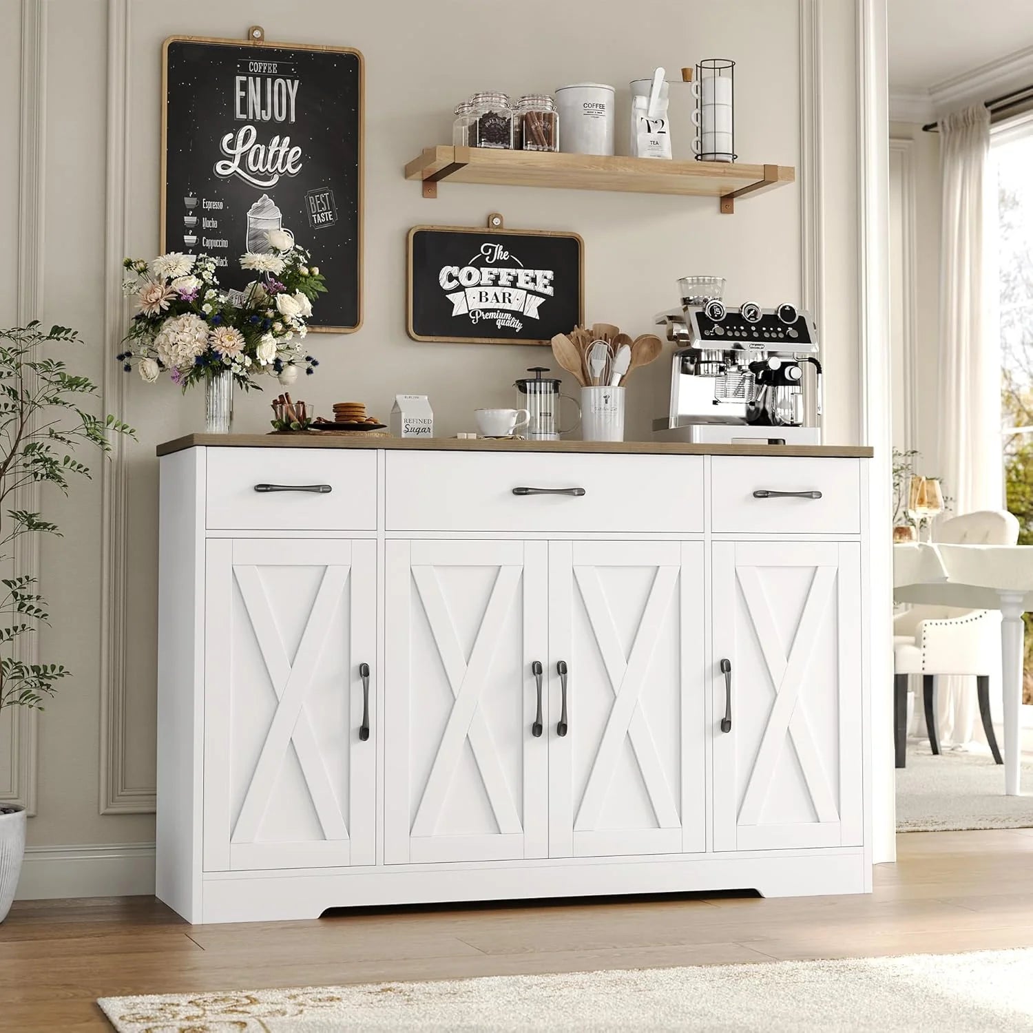 Sideboard with drawers, large 55-inch sideboard, sideboard storage with shelves and doors, modern farmhouse coffee bar wood kitchen dining table