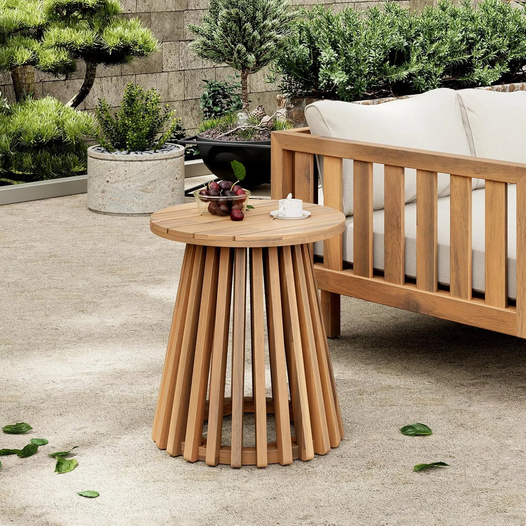 Merax Outdoor Acacia Wood Coffee Table 15.75 Round Patio Side Table for Backyard Lawn Balcony, Aesthetic Slat Base Design, Light Teak