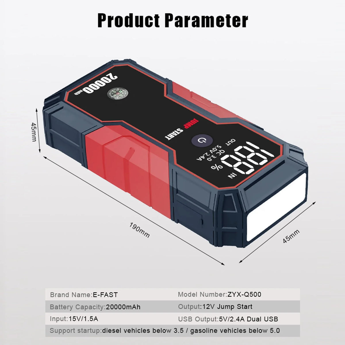 Meterk Portable Car Jump Starter 20000mAh 12V Car Battery Starter( to 5.0L Gas, 3.5L Diesel Engines),USB Quick Charge, Fast Wireless and Flashlight