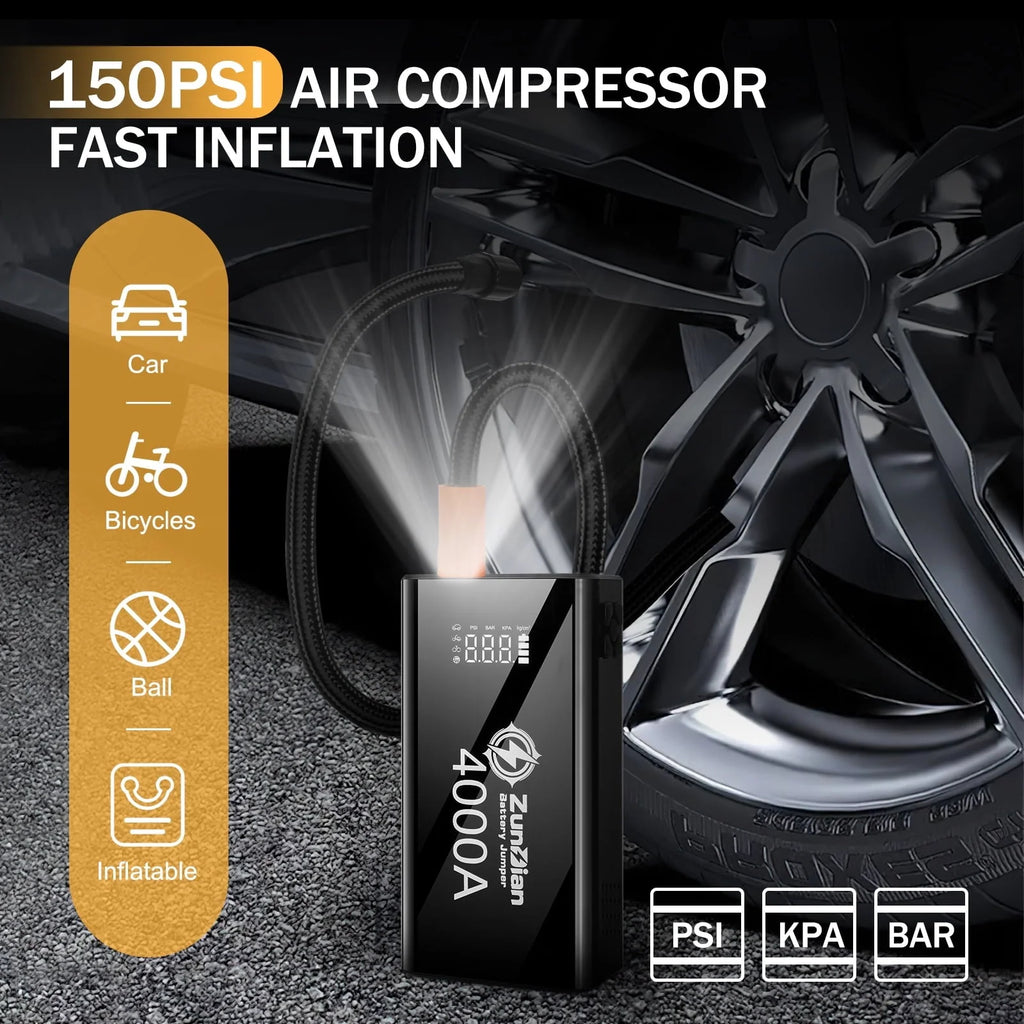 Jump Starter with Air Compressor, 4000A Portable Battery Jump Starter, 150PSI Digital Tire Inflator, 12V Jump Box Battery Power Pack(10.0L Gas/8.0L Diesel), Jumper Cables, QC 3.0, Included Gifts