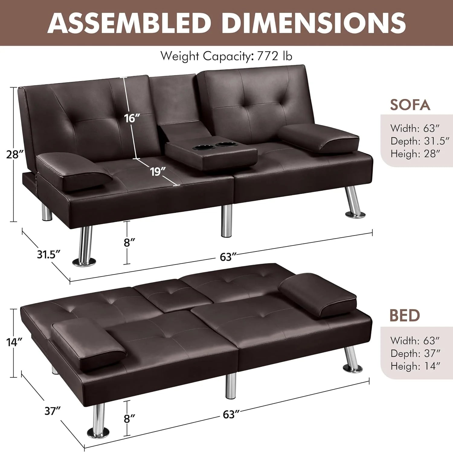 Convertible Sofa Bed Modern Imitation Leather Home Recliner Flip Double Sofa Folding Sofa Bed Guest Bed