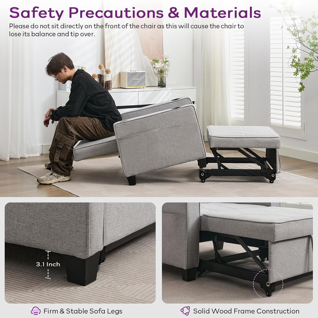 Adult Convertible Sleeper Chair Bed, 3-in-1 Pull-Out Sofa Bed with USB/Type-C Ports, Cup Holders, Side Pockets, Single Sofa