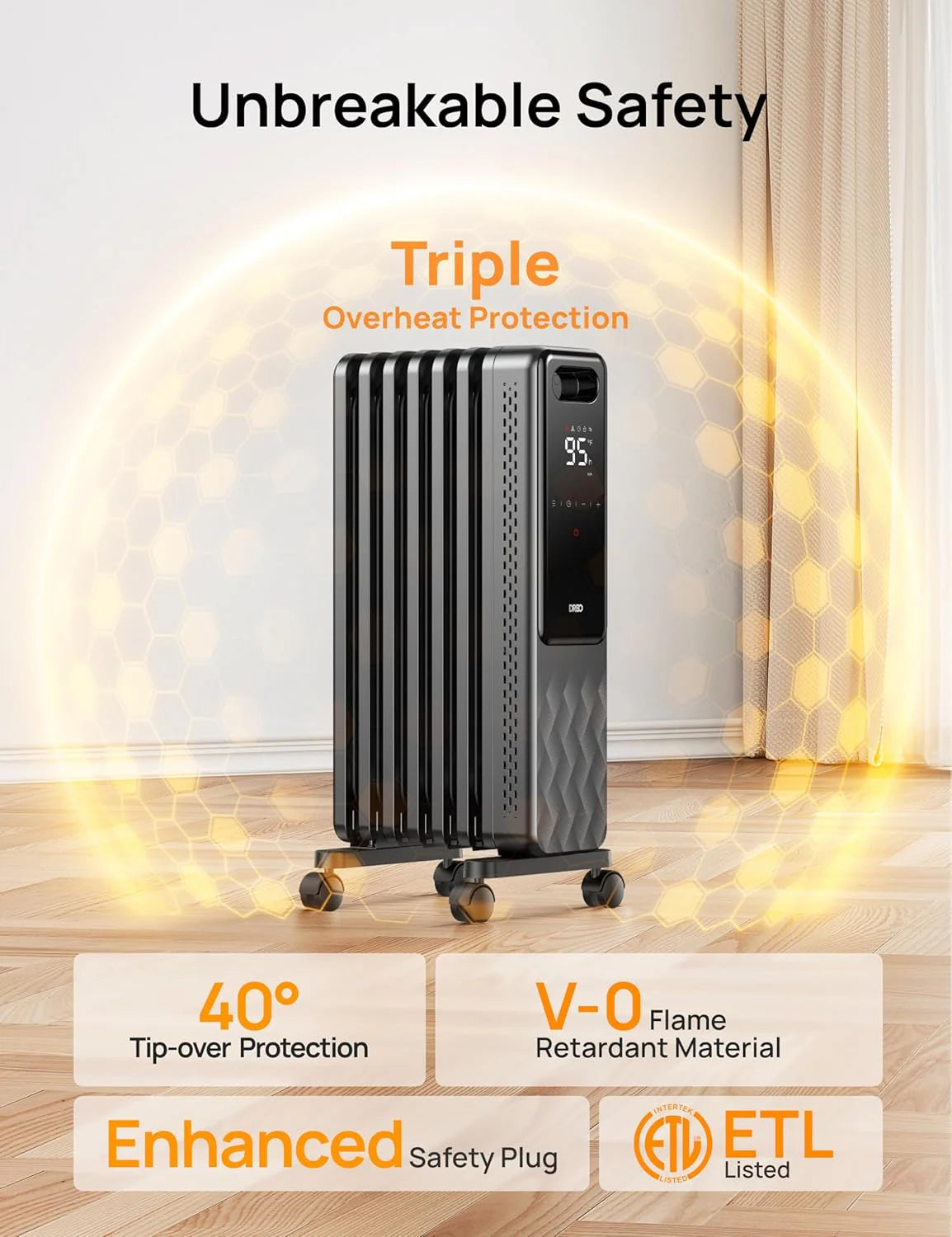 Indoor electric radiant heater with overheat and tip-over protection, digital thermostat, oil-filled radiator