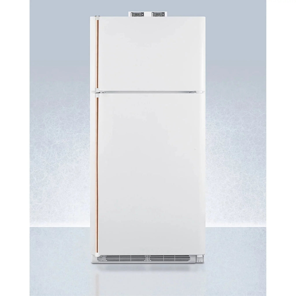 18 cu.ft. break room refrigerator-freezer in white with NIST calibrated alarm/thermometers and copper handles