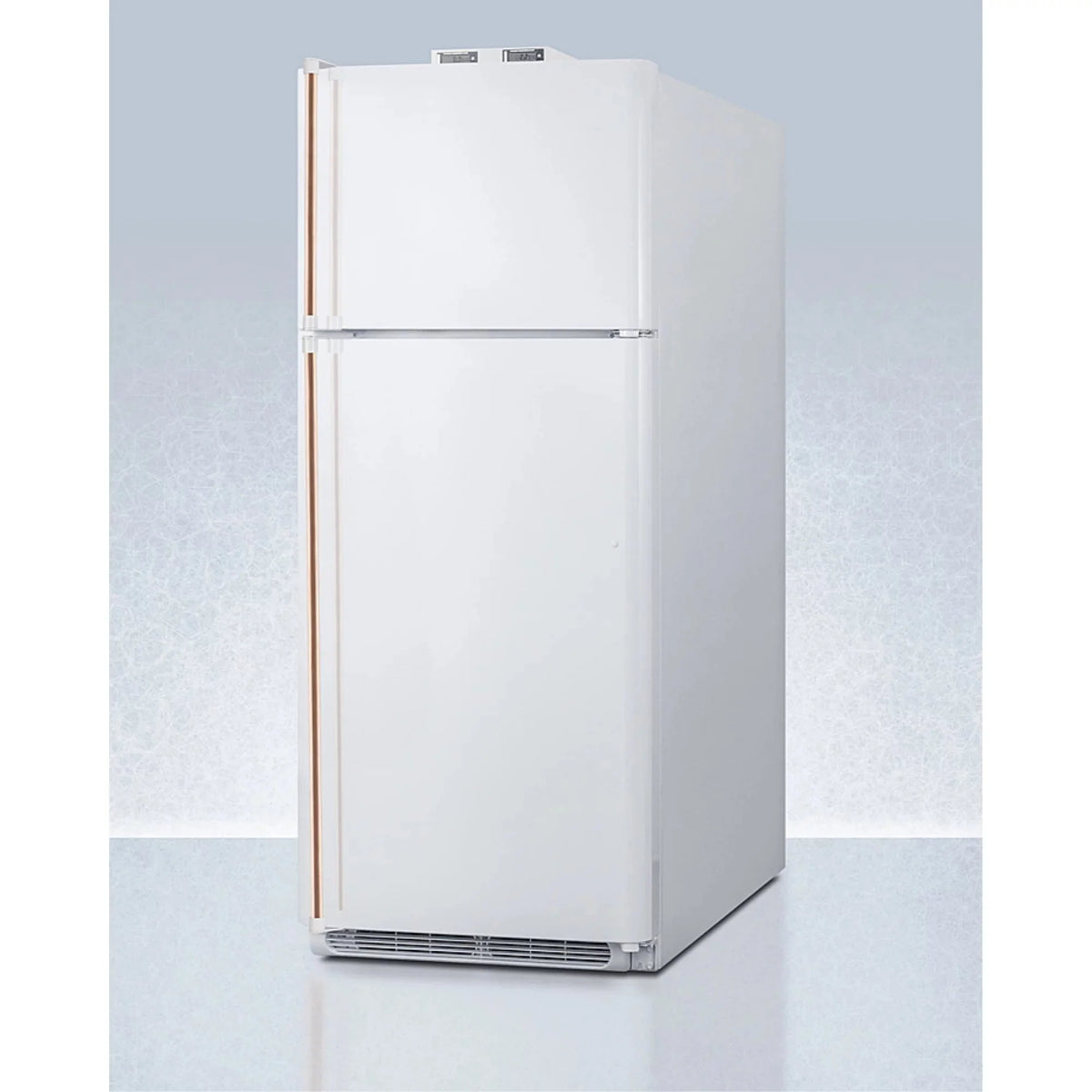 18 cu.ft. break room refrigerator-freezer in white with NIST calibrated alarm/thermometers and copper handles