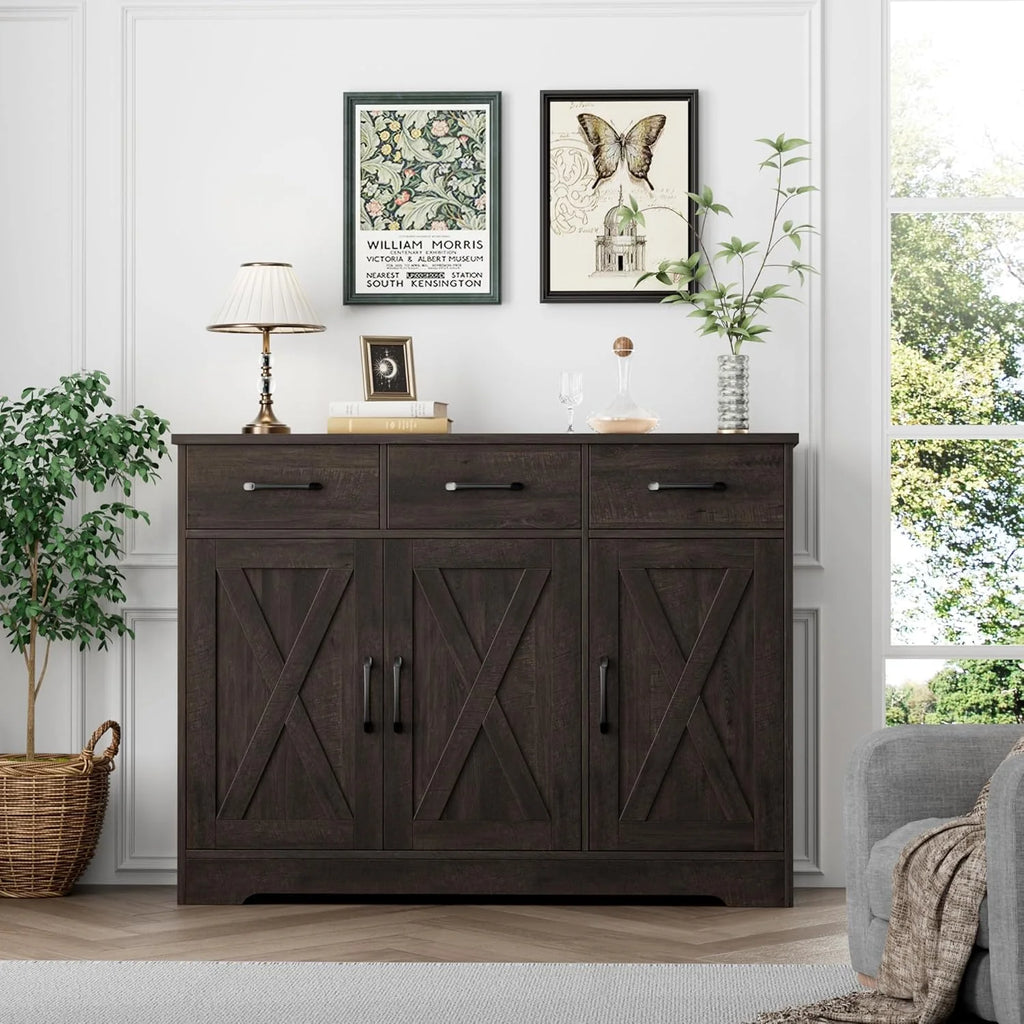 Modern farmhouse sideboard, barn door buffet storage cabinet with drawers and shelves, wooden coffee bar with storage