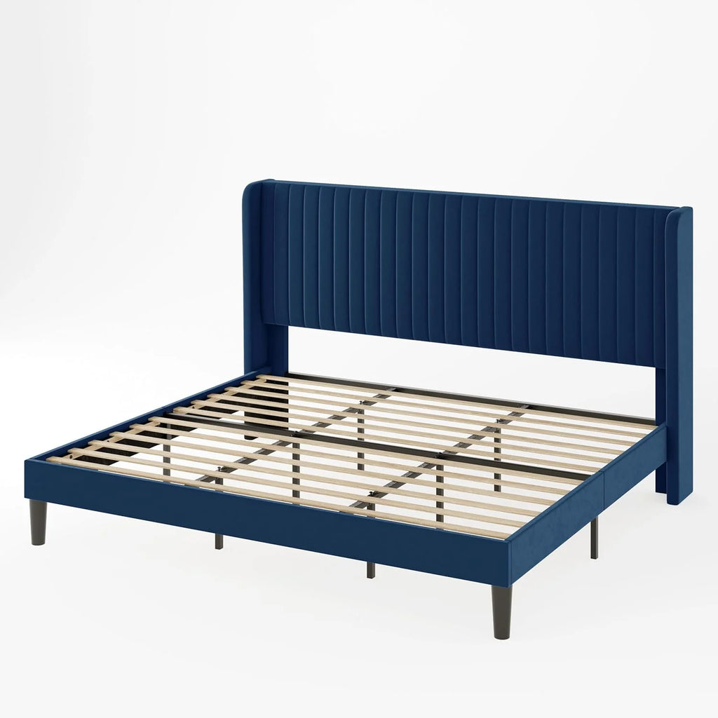 Allewie Full Size Velvet Bed Frame Vertical Channel Tufted Wingback Headboard Upholstered Bed