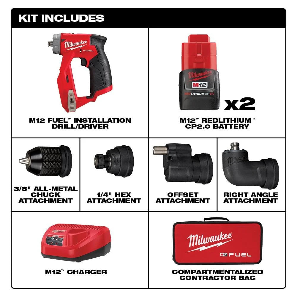 M12 FUEL 12V Lithium-Ion Brushless Cordless 4-in-1 Installation 3/8 in. Drill Driver Kit with 4-Tool Heads 2505-22