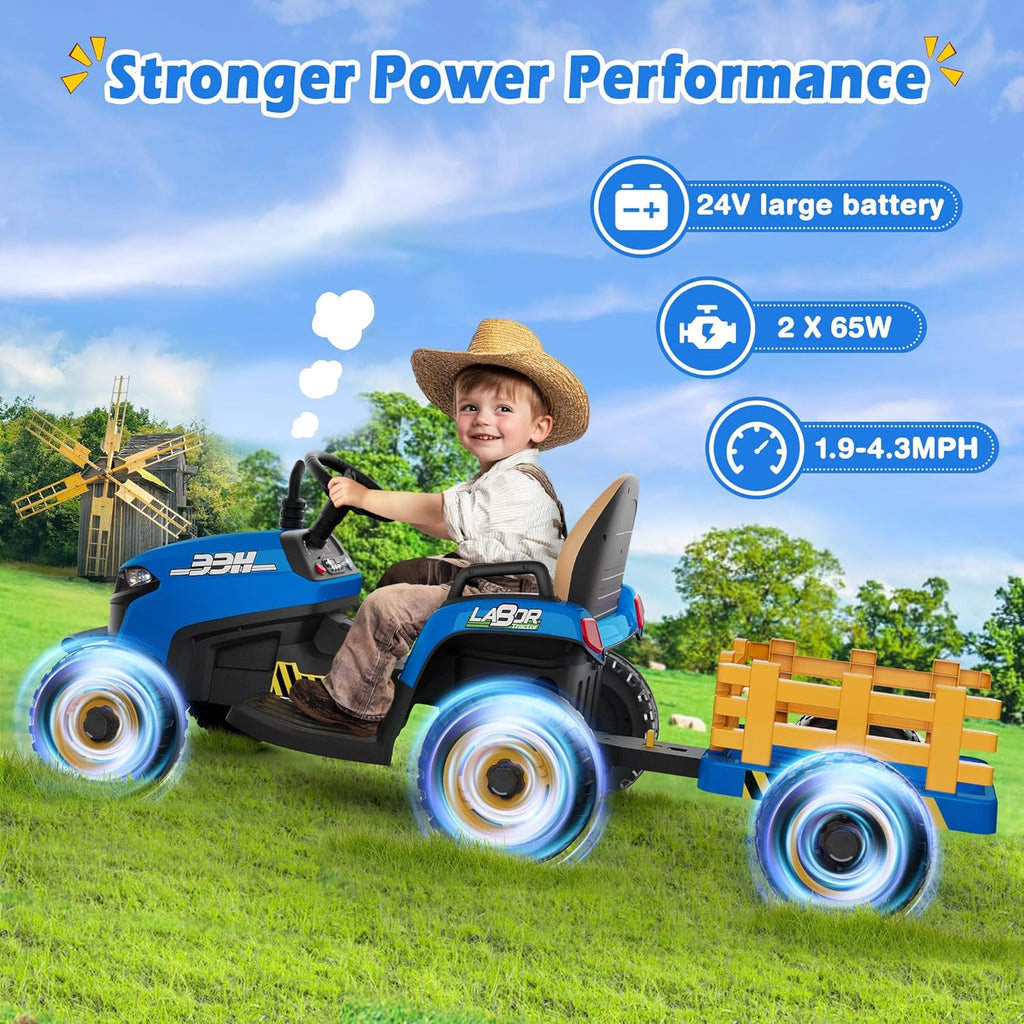 24V Ride On Tractor Tiltable Detachable Trailer 2x65W Motors EVA Tires Remote Control