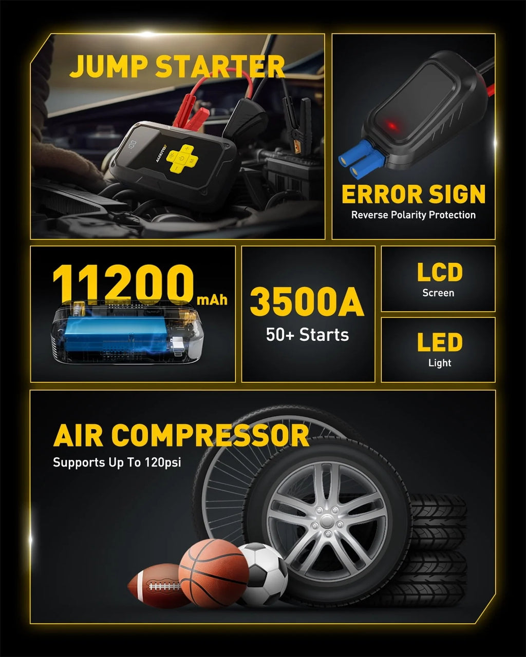 AUXITO Car Jump Starter with Air Compressor, 3500A 12V Portable Battery Jump Starter Box for All Gas or up to 8.0L Diesel with 120PSI Digital Tire Inflator, LED Light, USB Quick Charge