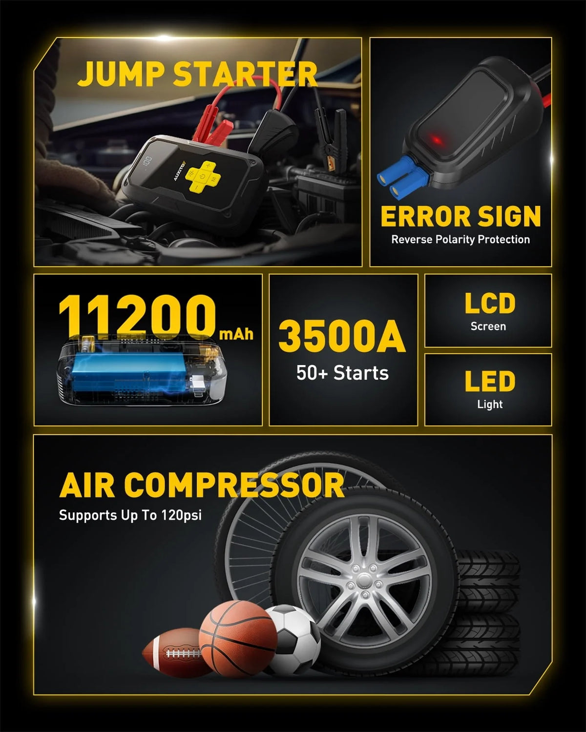 AUXITO Car Jump Starter with Air Compressor, 3500A 12V Portable Battery Jump Starter Box for All Gas or up to 8.0L Diesel with 120PSI Digital Tire Inflator, LED Light, USB Quick Charge