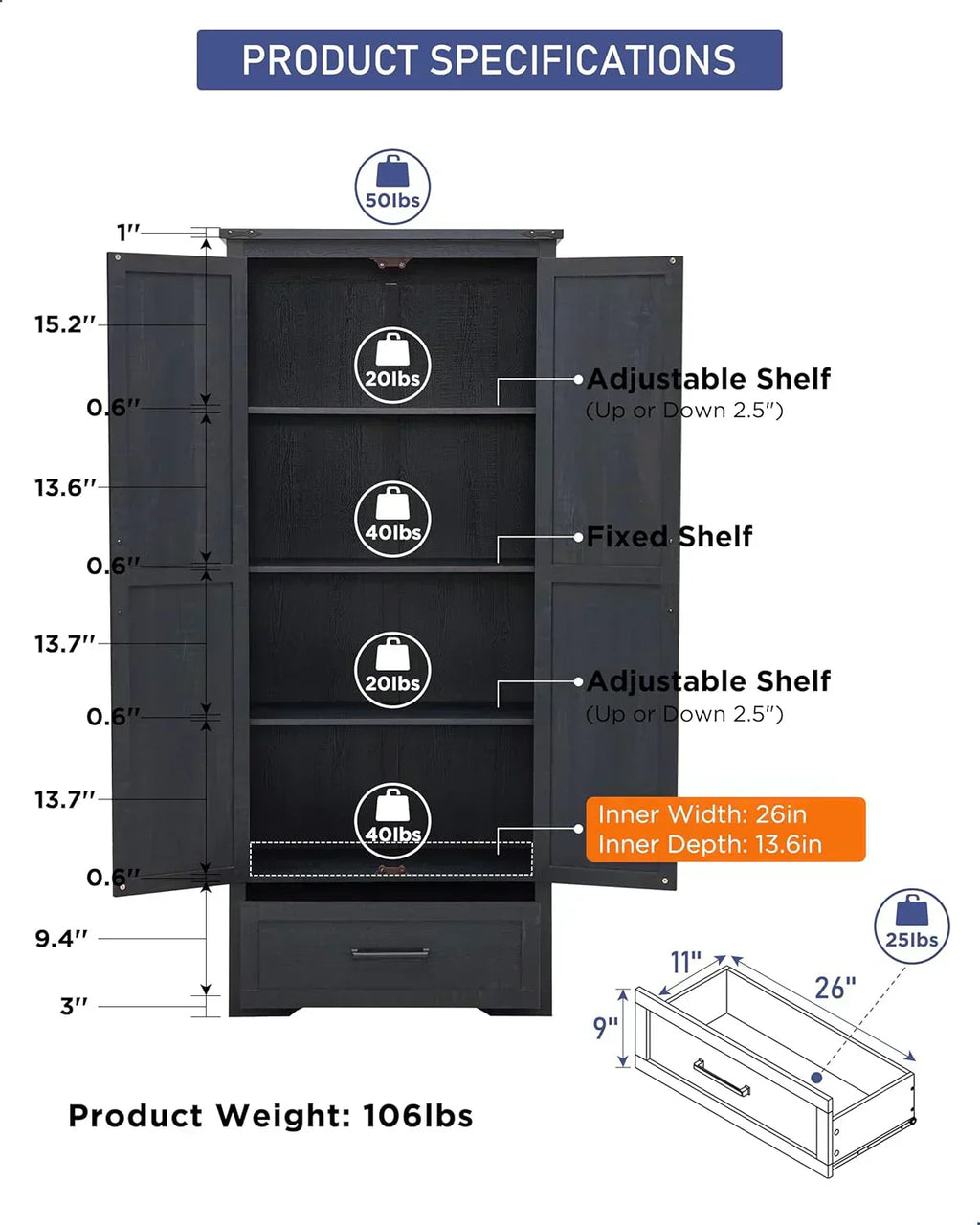 JXQTLINGMU Farmhouse Kitchen Pantry 72 Tall Wood Kitchen Storage Cabinet Adjustable Shelves