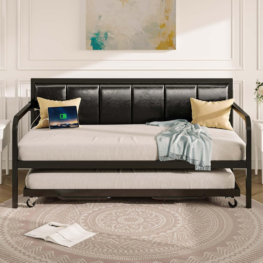 Rolanstar Daybed with Charging Station and LED Lights, Height Adjustable Twin Daybed with Trundle, Metal Sofa Bed Frame with Steel Slat Support