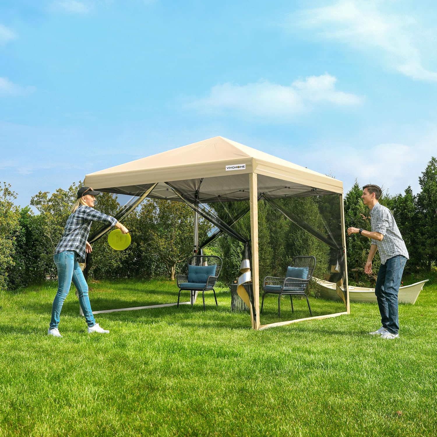 10x10ft Easy Pop-Up Canopy, Outdoor Screen Tent with Mosquito Netting, 2 Zipper Doors, and Roller Bag for Yard Camping Picnic Party Events, Beige
