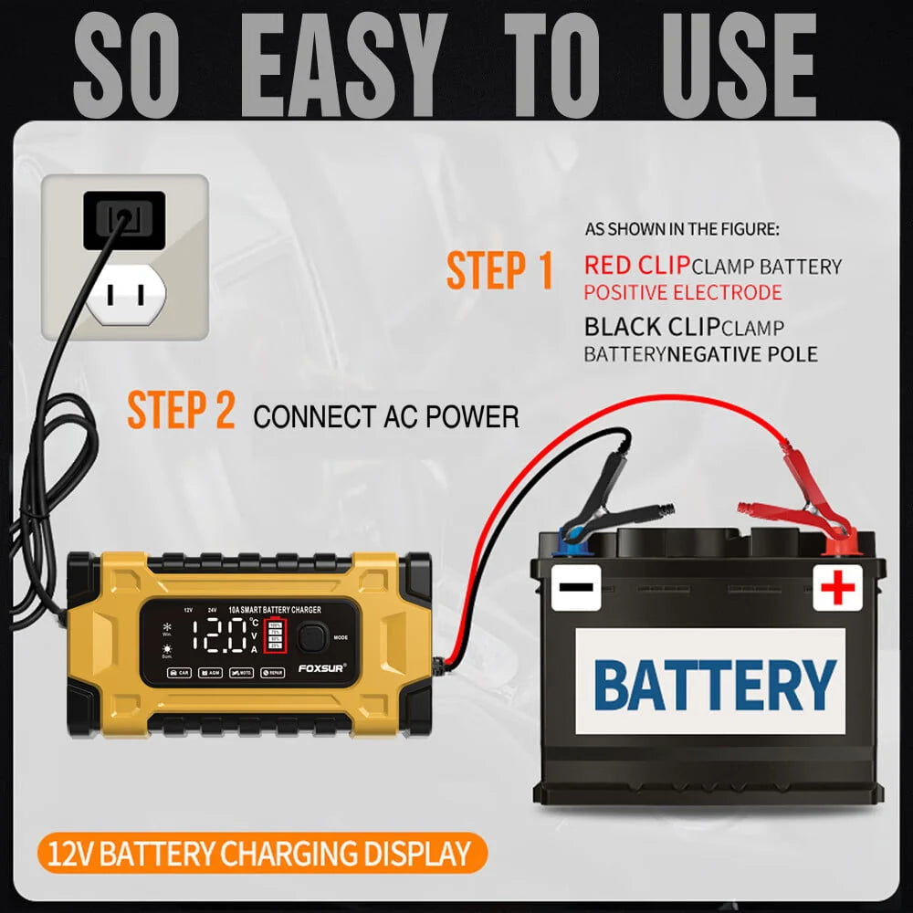 FASLMH Battery Charger 10A 24V5A Smart Automatic Car Battery Charger with LCD Screen Pulse Repair Charger Pack Battery Maintainer for Car, Lawn Mower, Motorcycle, Boat, SUV and More