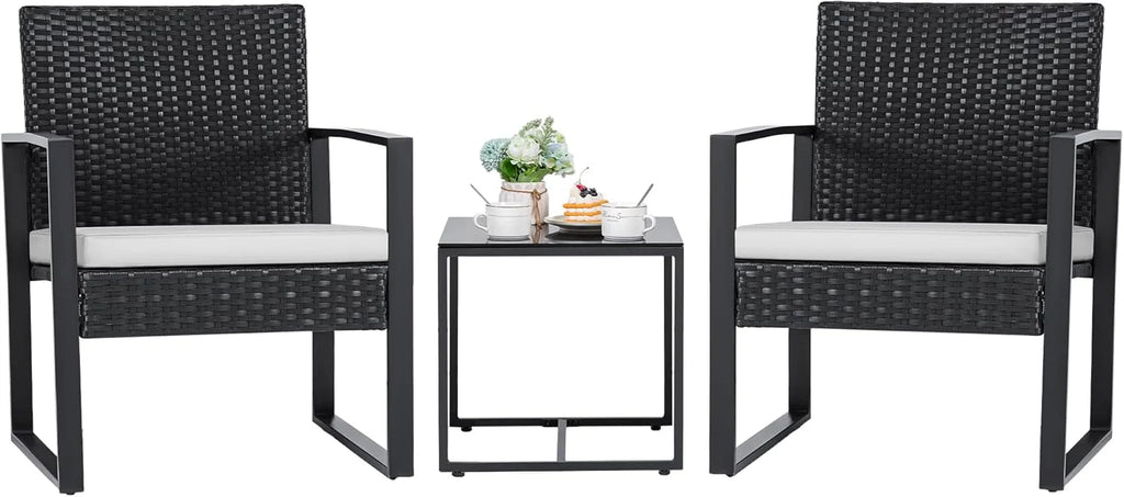 Flamaker 3 Pieces Patio Set Outdoor Wicker Furniture Sets Modern Rattan Chair Conversation Sets with Coffee Table for Yard and Bistro (Black)