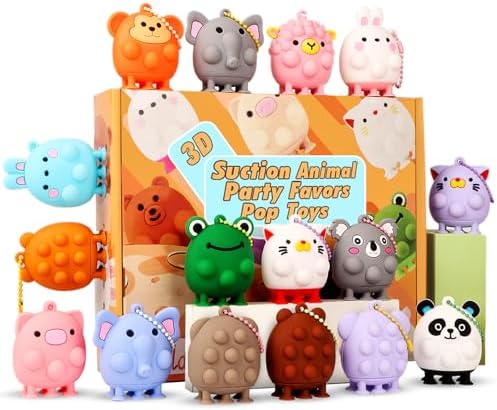 12 PCS Party Favors for Kids,3D Animal Pop Toys,Goodie Bags Stuffers for Kids,Pinata Stuffers Carnival Prizes,Fidget Toys Bulk,Prize Treasure Box Toys for Classroom,Suction Toys for Toddlers