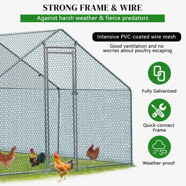 Al Fresco Large Metal Chicken Coop, Walkin Poultry Cage for Yard with Waterproof Cover, Peaked Roof for Hen House, Duck and Rabbit, Silver, 10 x 10 ft