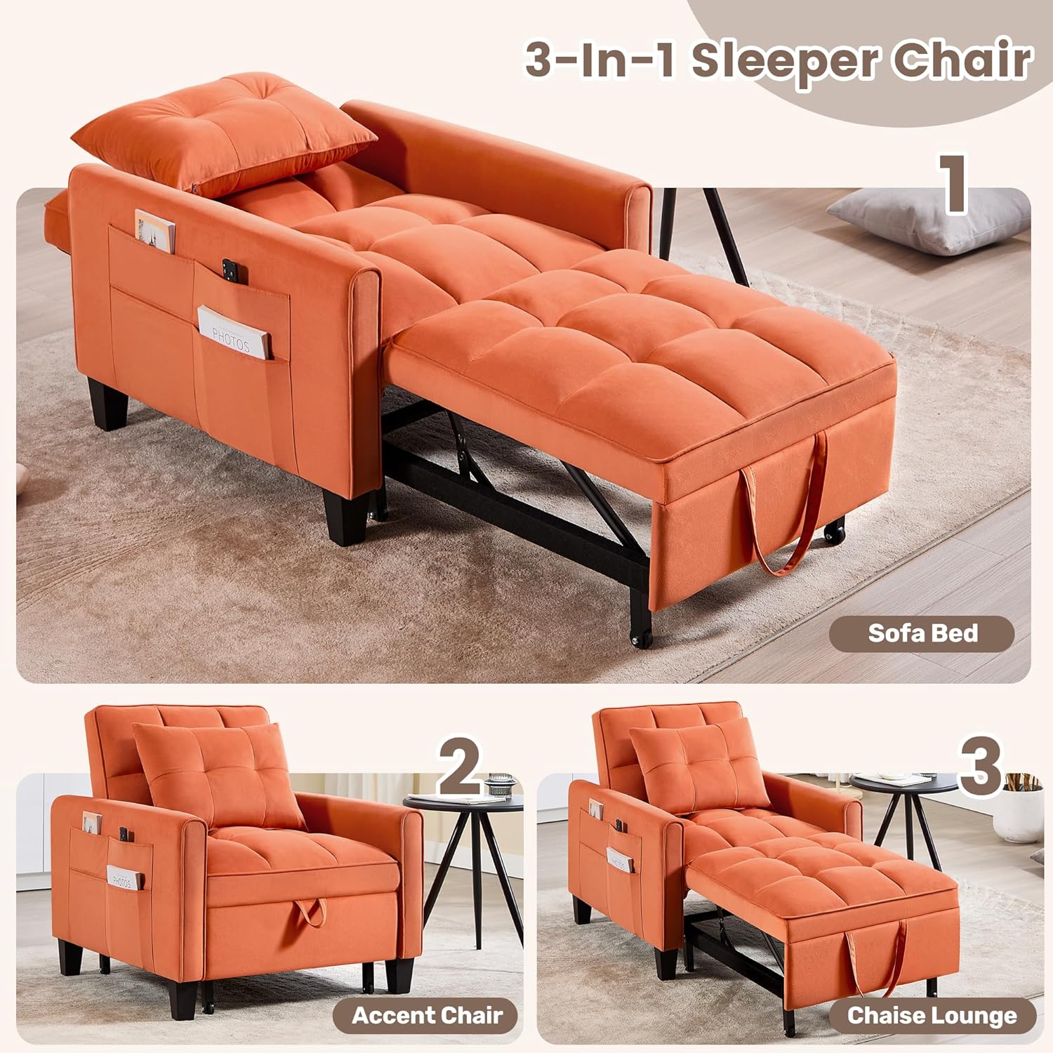 Convertible Sleeper Chair, 3 in 1 Sleeper Chair Bed Pull Out Sofa Bed Chairs, Velvet Single Sofa with Adjustable Backrest
