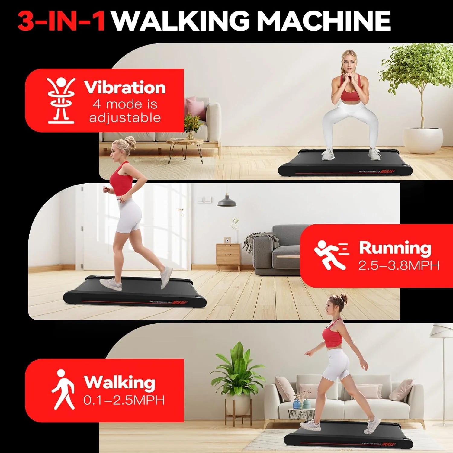 Sperax Walking Vibration Pad with APP, 3 in 1 Under Desk Treadmill, 2.5HP Low Noise Walking Treadmill Pad with Remote Control,Portable Treadmills for Home Office