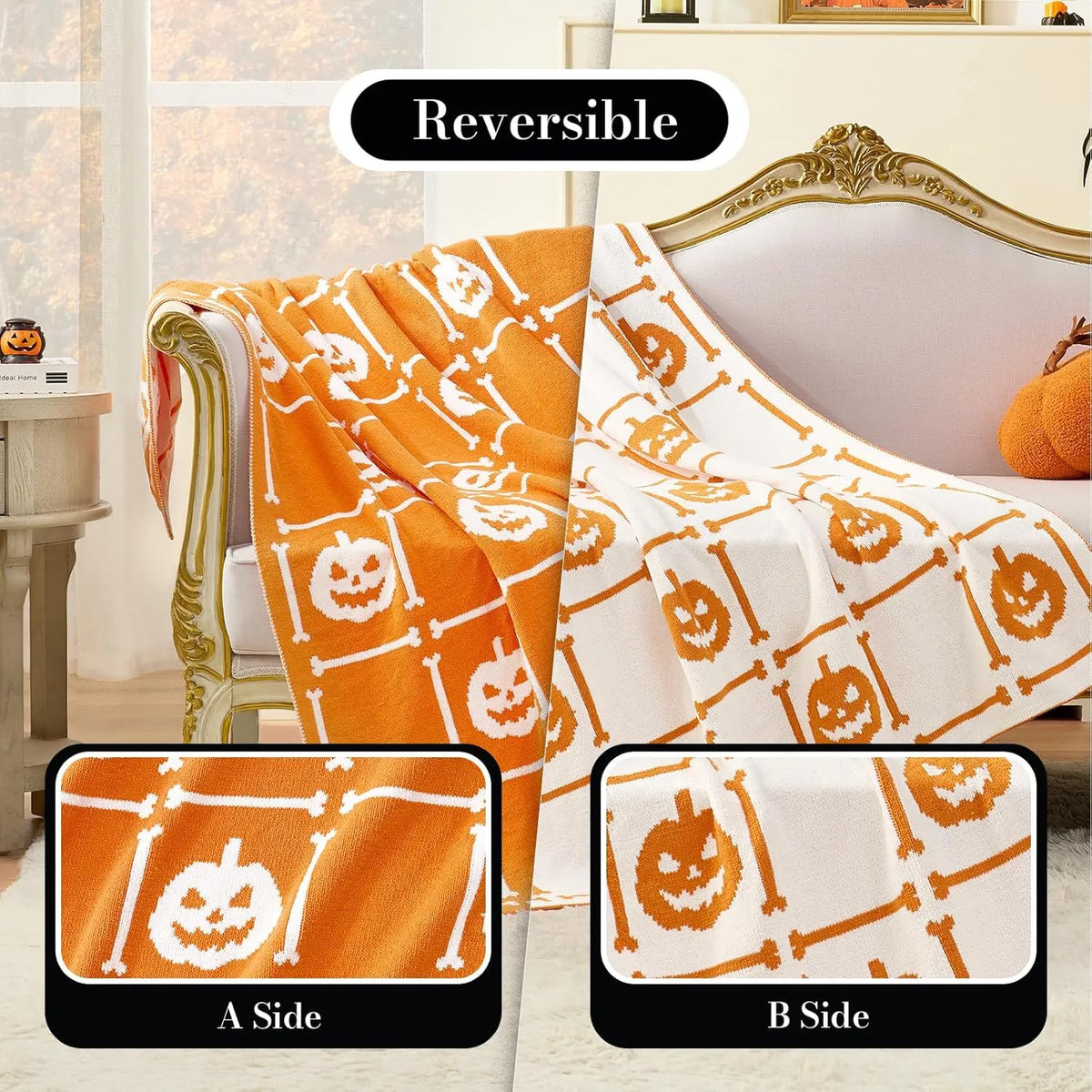 AmÃ©lie Home Halloween Throw Blanket for Couch, Reversible Pattern Pumpkin Skull Themed, Chenille Knit Stitch Pattern Soft Cozy for Bed Home Decor, 50 x 60, Pumpkin Skeleton Checkerboard
